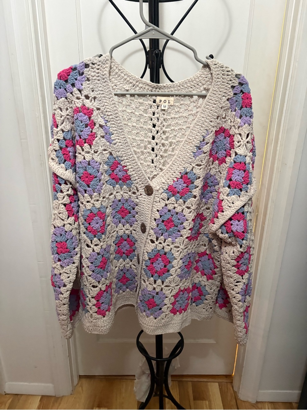 POL Crochet V-Neck Granny-Square Cardigan in Cream with Pink & Lavender Accents